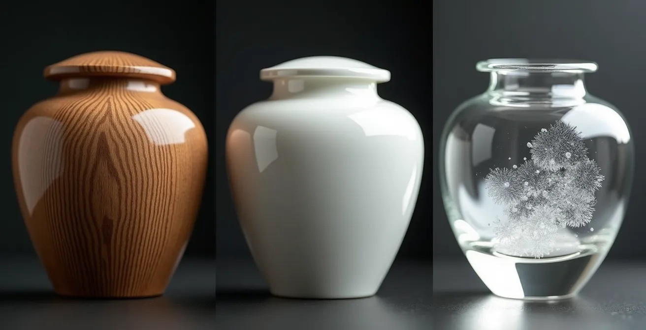 Gros plan macro sur trois textures d'urnes funéraires : grain du bois de chêne, porcelaine de Limoges et verre soufflé artisanal