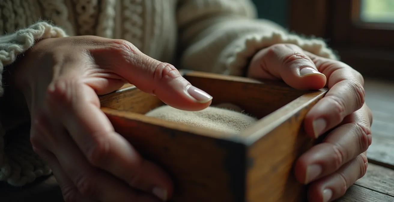 Gros plan sur des mains tenant délicatement un coffret en bois ancien entrouvert