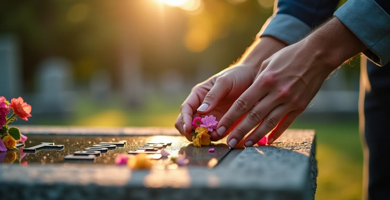 Monument funéraire en pierre avec chrysanthèmes colorés en pot