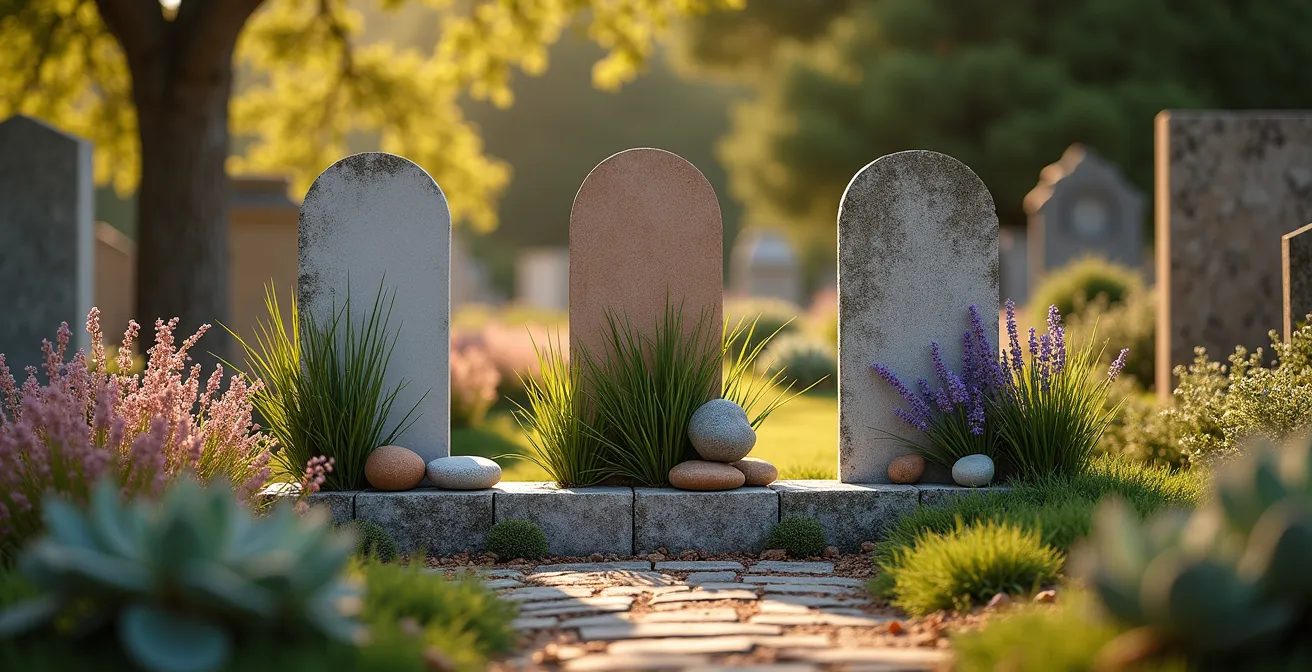 Trois styles de monuments cinéraires avec différentes approches paysagères dans un cimetière français