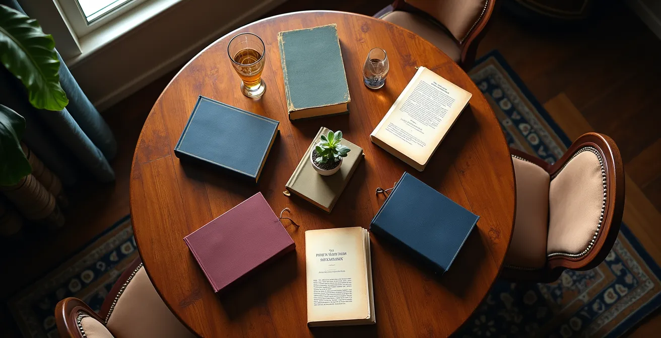 Disposition artistique de différents livres sacrés et recueils de poésie sur une table de cérémonie