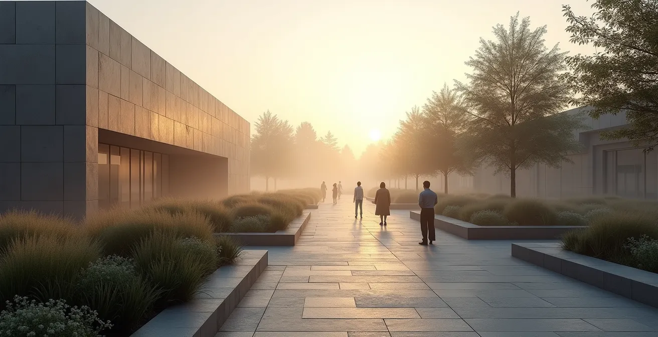 Vue panoramique d'un jardin du souvenir contemporain avec columbarium design intégré dans un espace paysager
