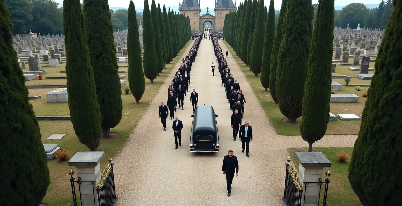 Vue en plongée montrant l'organisation d'un cortège funéraire avec les différents groupes de participants