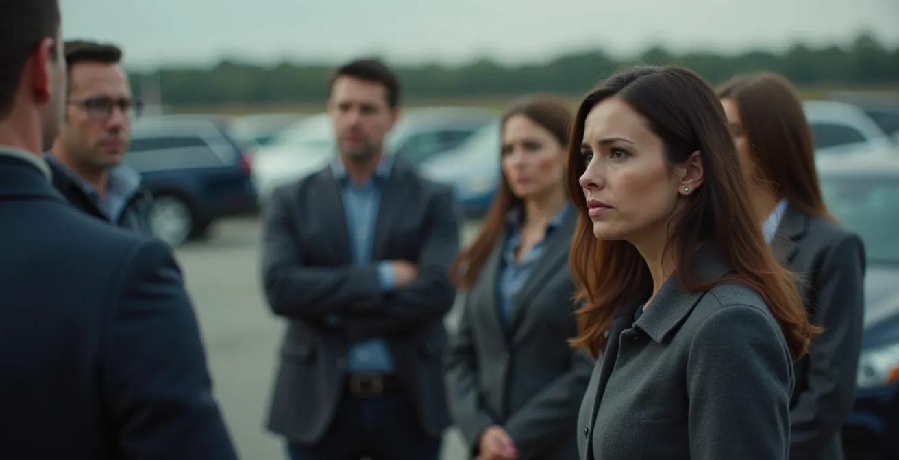 Groupe de personnes en discussion respectueuse près de voitures sombres avant un cortège funéraire