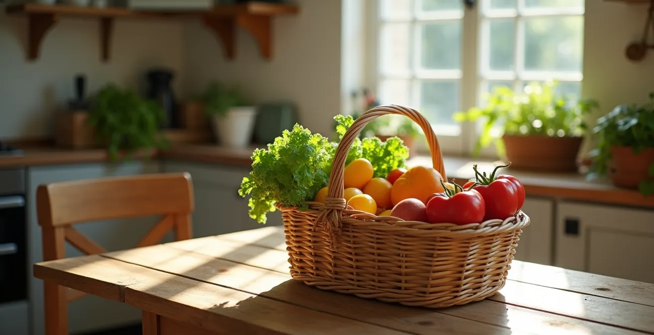 Panier de légumes frais du marché posé sur une table en bois, évoquant l'aide concrète aux courses