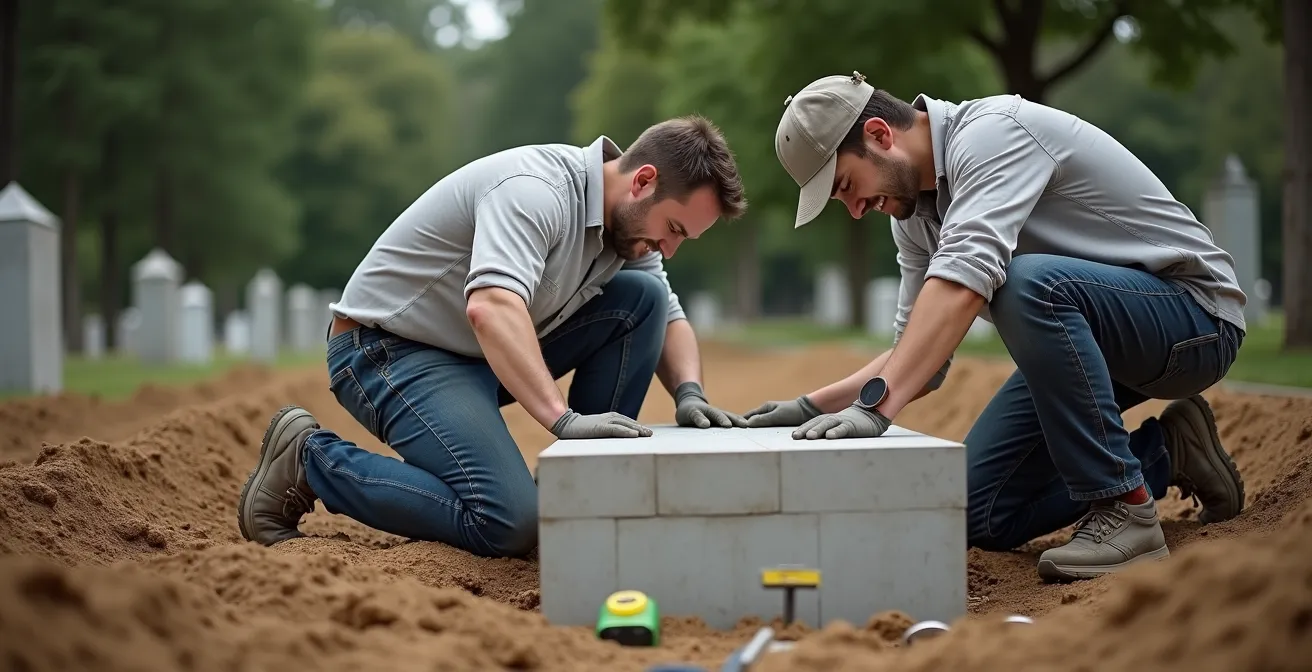 Installation d'une cavurne en béton dans un cimetière par des professionnels