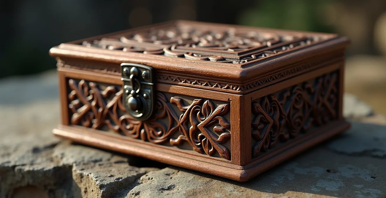 Vue macro détaillée d'un reliquaire ancien en bois avec ornements sculptés dans un caveau