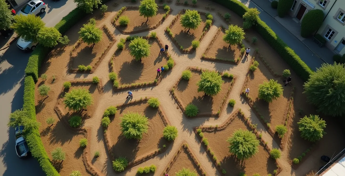 Vue aérienne d'un jardin communautaire en cours de création avec des bénévoles plantant des arbres