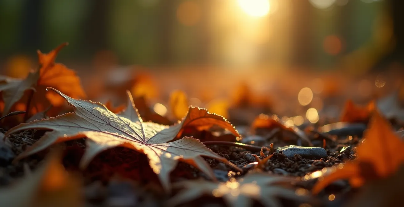 Sentier forestier baigné de lumière douce, évoquant une marche silencieuse et apaisante