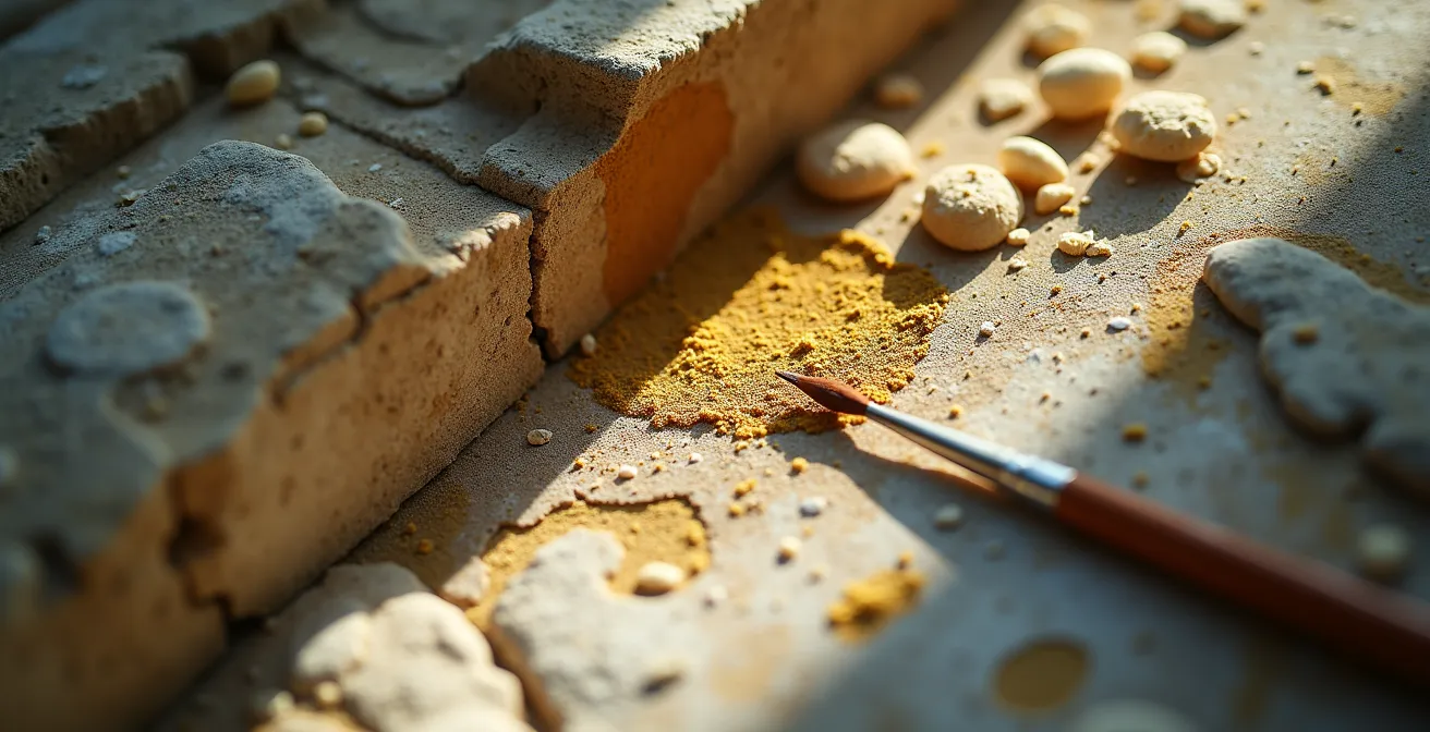 Artisan restaurateur travaillant sur une sculpture funéraire ancienne avec outils traditionnels