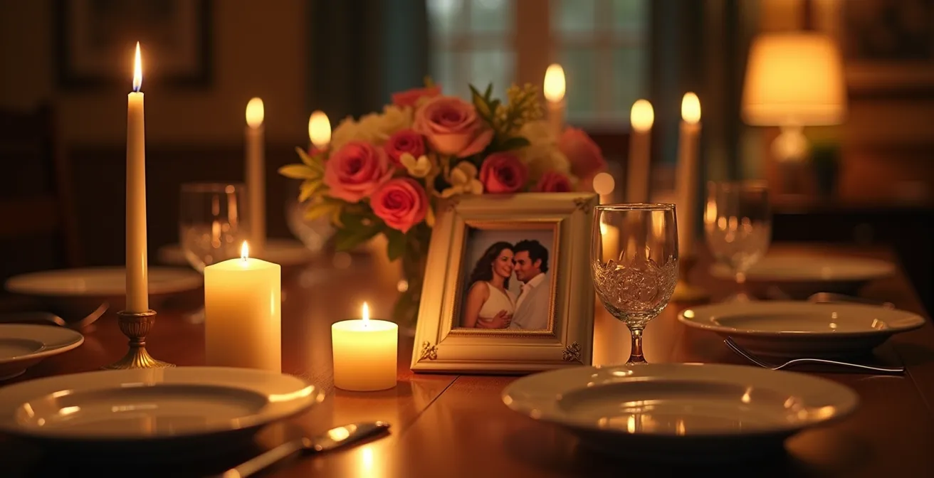Table dressée avec photo du défunt entourée de bougies et plats préférés dans ambiance chaleureuse