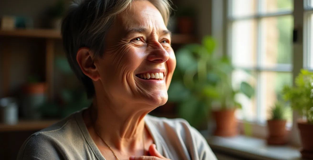 Visage serein d'une personne souriante avec une larme de joie, symbolisant l'acceptation et la renaissance émotionnelle