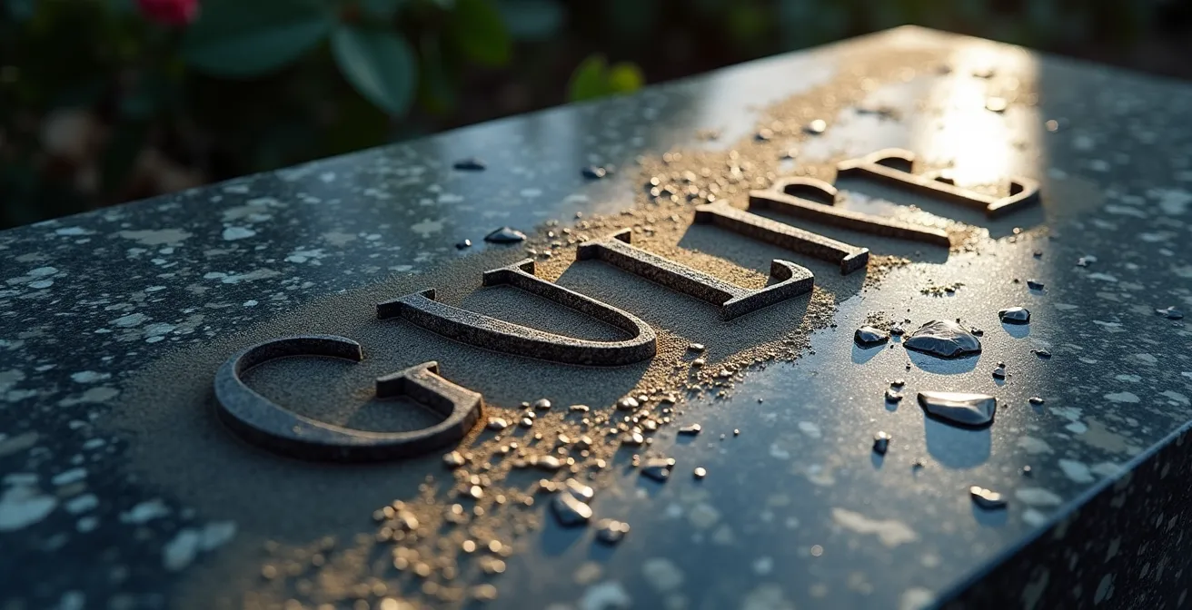 Vue macro détaillée d'une gravure en cours sur granit noir montrant la texture et la profondeur