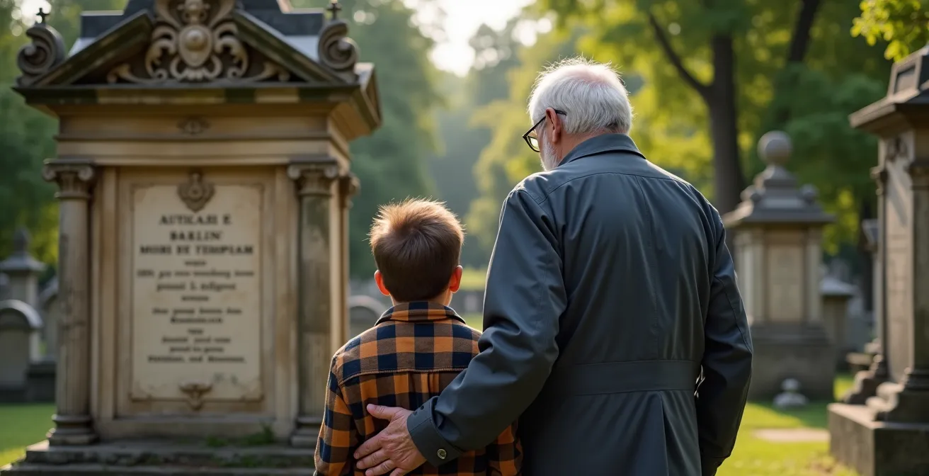 Grand-parent et enfant observant ensemble une vieille pierre tombale avec des détails architecturaux dans un cimetière français