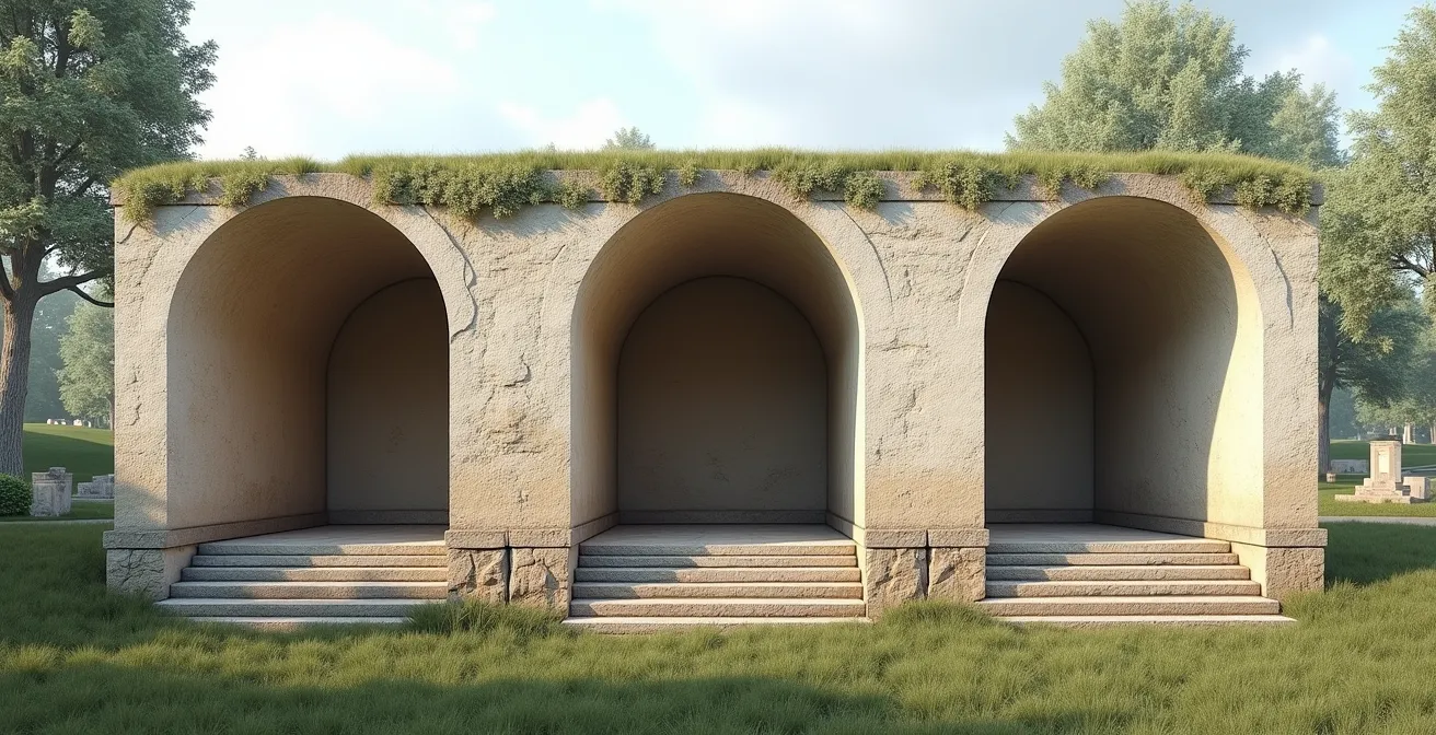 Coupe transversale montrant trois types de caveaux : enterré, semi-enterré et enfeu hors-sol