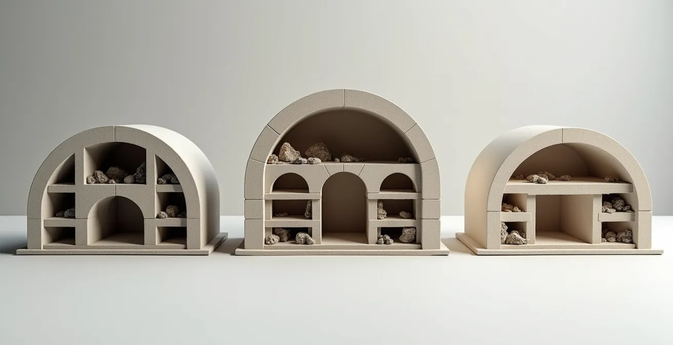Schéma comparatif de différents types de caveaux funéraires avec leurs caractéristiques architecturales