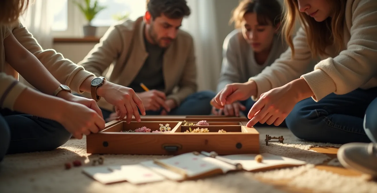 Famille créant ensemble une boîte à souvenirs lors d'une veillée intime à la maison