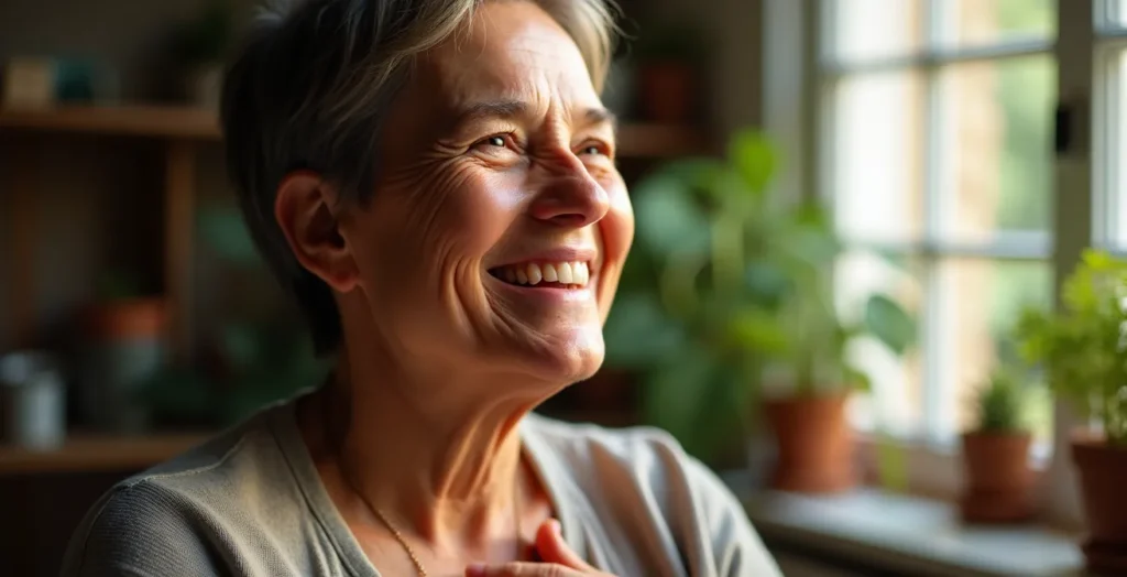 Visage serein d'une personne souriante avec une larme de joie, symbolisant l'acceptation et la renaissance émotionnelle